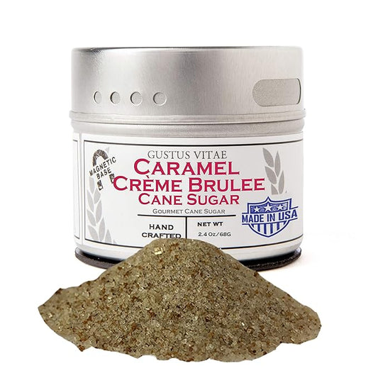 Caramel Crème Brûlée Cane Sugar | Artisanal Infused Sugar | 1:1 Replacement For Plain Sugar | All Natural, Non GMO | Gourmet Sweetener | Handmade in Small Batches | GLP-1 Friendly | Magnetic Tin | Gustus Vitae | #82