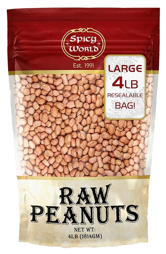 Spicy World Peanuts, Raw Whole With Skin (Uncooked, Unsalted) 4 Pound (64oz) ~ All Natural - USA Grown Red Skin Spanish Grade