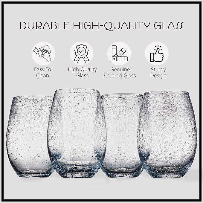Artland Stemless Wine Glass, Set of 4 | Iris Seeded Design, Clear | Drinking Glass for Parties and Everyday Use - Wine, Champagne, Cocktail | Glassware & Barware Essentials