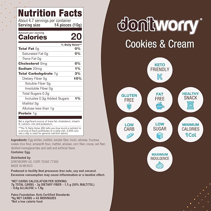 Don't Worry Meringue Cookies Keto Friendly - Low Calories per piece!, Healthy Candy, Gluten Free Cookies, Low Carb, Low Sugar Snacks - 4 Pack