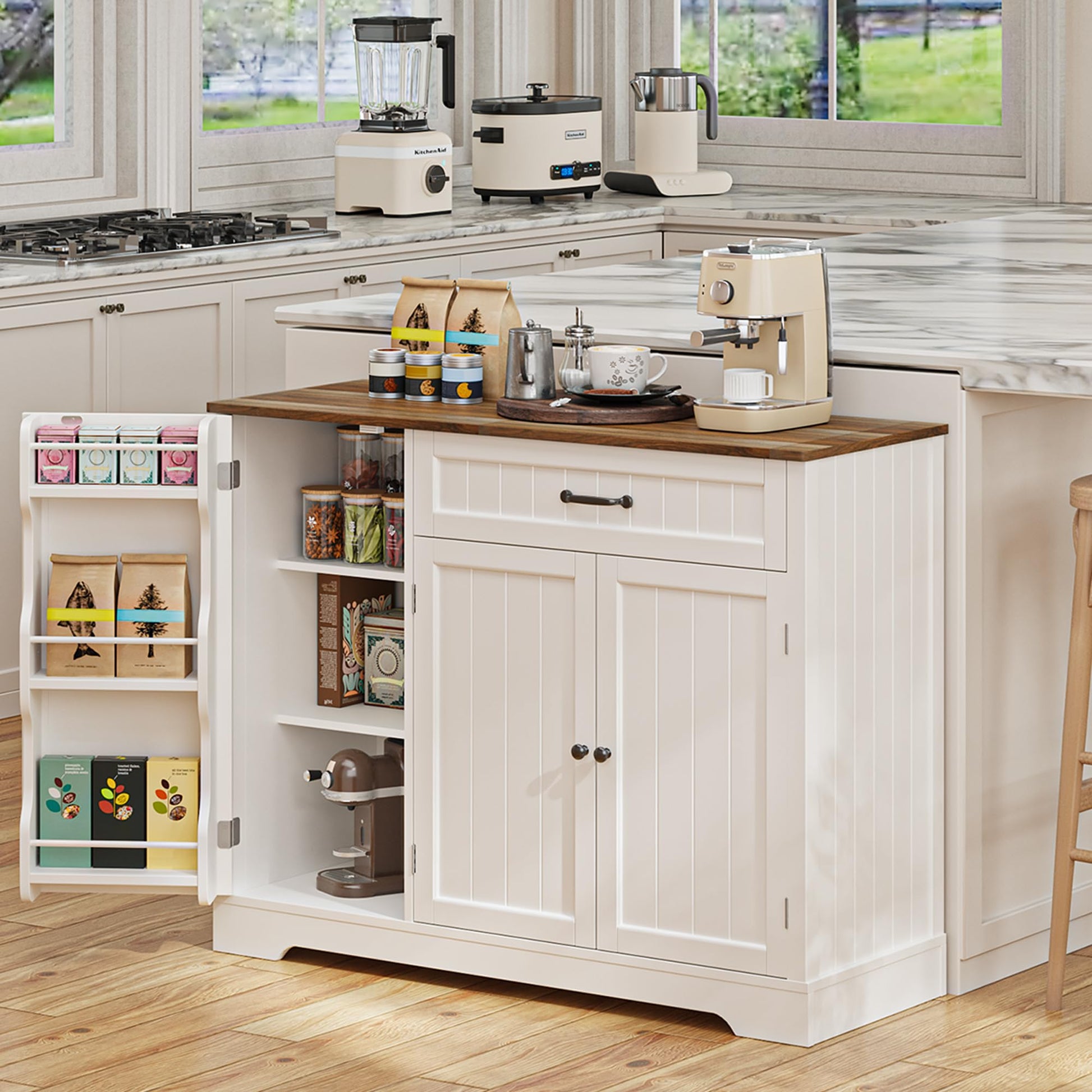 Gizoon Kitchen Coffee Bar Cabinet with Storage, White and Rustic