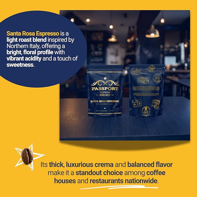Passport Coffee Santa Rosa Espresso ??Light roast espresso blend from Ethiopia & Brazil. Flavor notes of delicate floral & sweet cocoa-caramel. Premium whole bean coffee, 12oz Bag