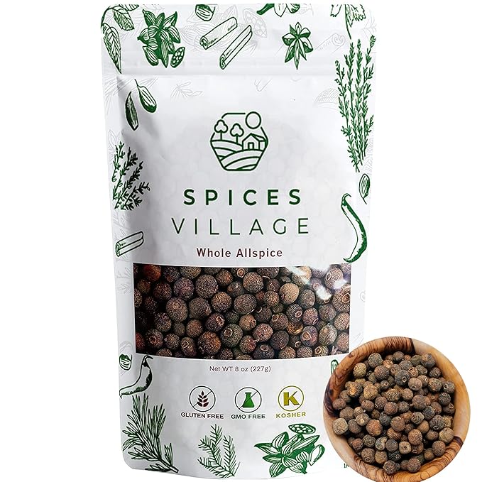 SPICES VILLAGE Allspice Berries Whole, Pimento Seeds, Natural Allspice for Cooking, Pickling Seasoning, 8 oz, Pimienta Dulce Malagueta, Kosher, Gluten Free, Non GMO, KETO Friendly, Resealable Bulk Bag