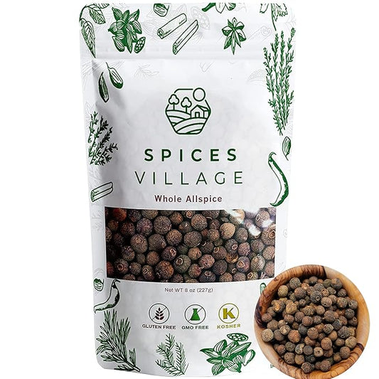 SPICES VILLAGE Allspice Berries Whole, Pimento Seeds, Natural Allspice for Cooking, Pickling Seasoning, 8 oz, Pimienta Dulce Malagueta, Kosher, Gluten Free, Non GMO, KETO Friendly, Resealable Bulk Bag