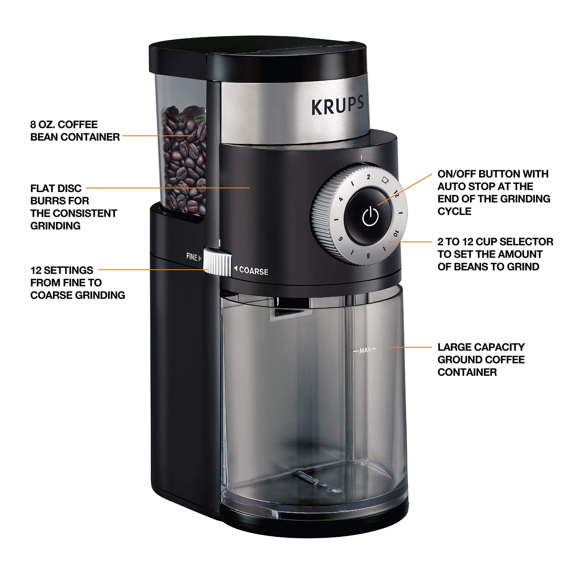 KRUPS Precision Burr Coffee Grinder: 12 Settings, 8 oz Capacity for Drip, French Press, Espresso