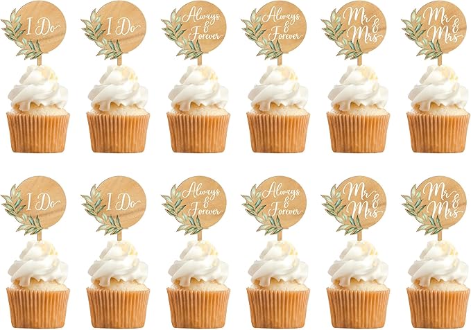12 PCS Wedding Cupcake Toppers Green Mr & Mrs Wedding Cake Cupcake Decorations in Wood