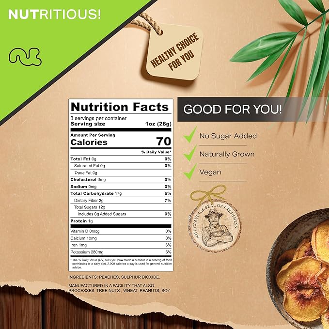 NUT CRAVINGS - Sun Dried California Peaches, No Sugar Added, Unsweetened (8oz, 1 Pack) Bulk Dry Fruits Packed Fresh in Resealable Bag - Sweet Healthy Snack, Naturally Grown, Vegan, Kosher