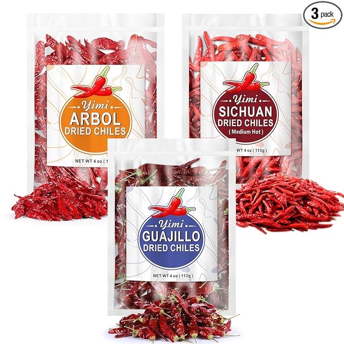 Yimi Dried Chili Peppers 3 Pack Bundle - Arbol, Guajillo, Sichuan Spicy Hot Chiles, Super Pack of Dry Whole Pepper Chiles, for Mexican Asian Dish (18oz Total), Ideal for Gift