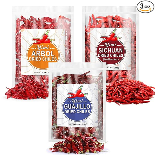 Yimi Dried Chili Peppers 3 Pack Bundle - Arbol, Guajillo, Sichuan Spicy Hot Chiles, Super Pack of Dry Whole Pepper Chiles, for Mexican Asian Dish (18oz Total), Ideal for Gift