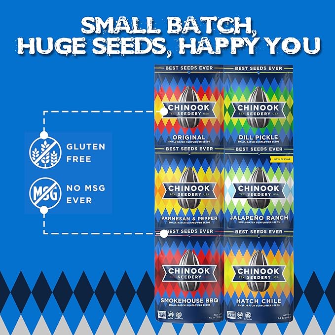 Chinook Seedery Roasted Jumbo Sunflower Seeds - Keto Snacks Sampler - Best For Snack Packs - Gluten Free, Non GMO Snack Food Gifts - 4 ounce (Pack of 6) - 6 Flavor Sampler Pack