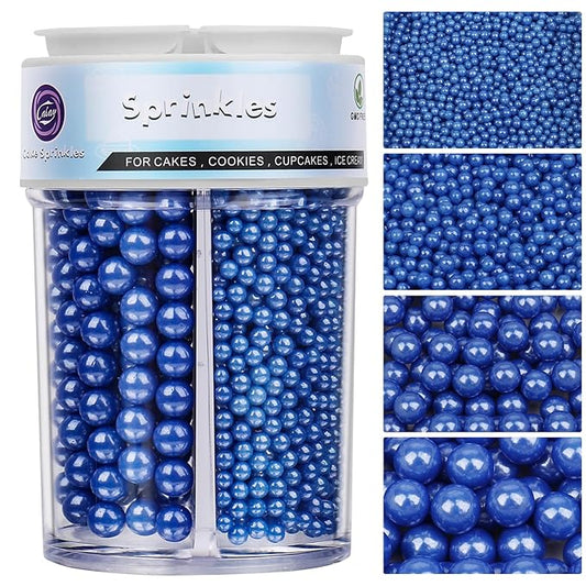 Sprinkles for Cake Decorating, Blue Pearl Sprinkles 4 Sizes Mix for Cake Cupcake Cookie Baking Donuts Ice Cream Toppings