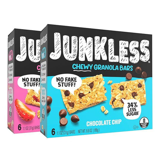 JUNKLESS Chewy Granola Bars Twin Pack ??Chocolate Chip & Strawberry (12 Bars)?밚ess Sugar, Non-GMO, Gluten-Free, Wholesome Snack Bars for Kids & Adults, 2 Boxes