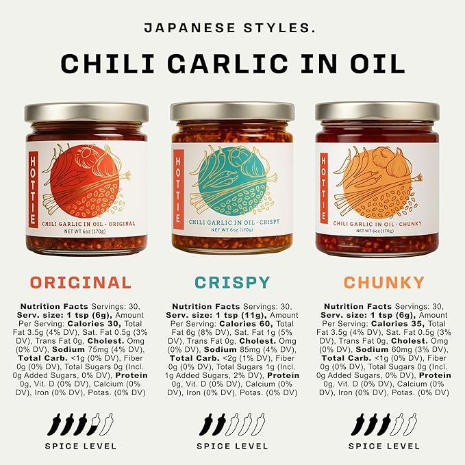 Umami Hottie Trio - Japanese Chili Oil Combo Pack | Chunky, Crispy & Original Flavors | Vegan, Gluten-Free, Hot Chilli Oil for Noodles, Ramen, Dumplings & More | Flavor Bomb 3-Pack (6 oz Each)