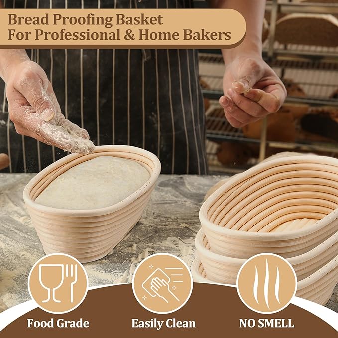 P&P CHEF Sourdough Bread Proofing Basket Set of 4, 10 Inch Oval Dough Proofing Bowls, Sourdough Bread Baking Supplies for Bakers, Handmade Rattan Baskets with Cloth Liner