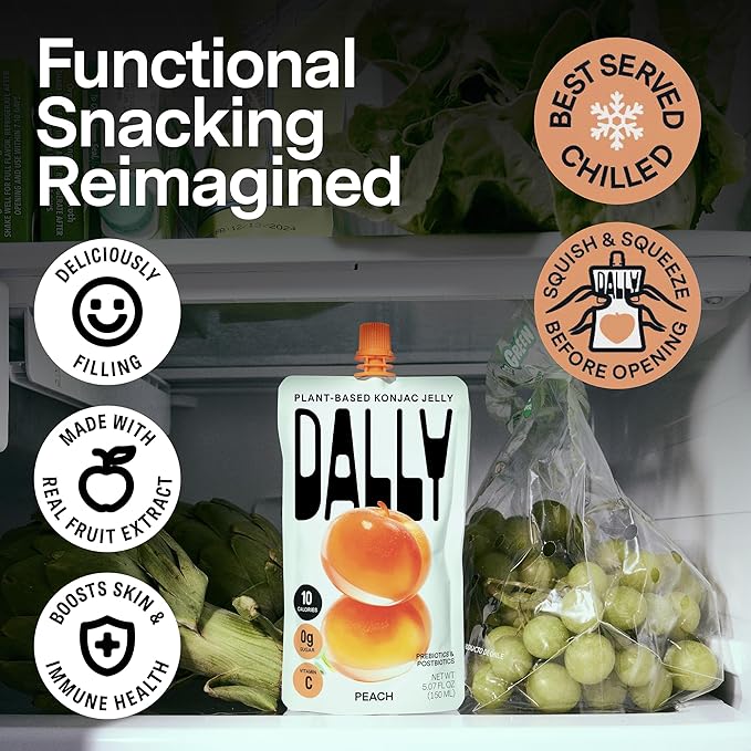 Dally Peach Drinkable Konjac Jelly (10 Pouches) ??10-Calorie, Zero Sugar Korean Fruit Snack ??Prebiotics & Postbiotics for Skin, Immune & Weight Management