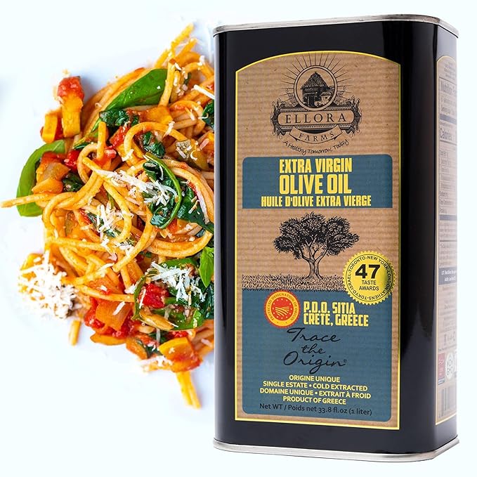 Ellora Farms, Greek Extra Virgin Olive Oil, Certified PDO SITIA, Single Estate, Single Origin, Single Variety, Cold Press & Traceable Olive Oil, Crete, Greece, Kosher, 1 Lt Tin (33.8 oz.)