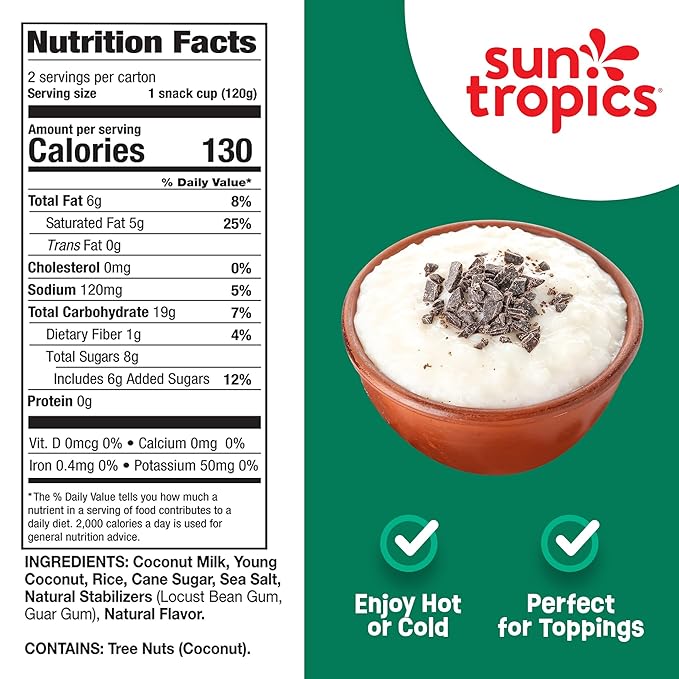 Sun Tropics Coconut Milk Rice Pudding Snack, Original, Gluten Free, Dairy Free, Vegan, Low Sugar, Non-GMO, Ready-to-Eat, 8.46 Oz (Pack of 6)