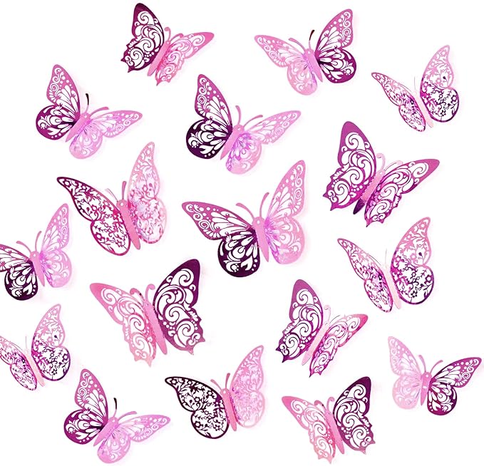 72 Pcs Butterfly Decorations, 3 Sizes 3 Styles Wall Decor, Party and Birthday Decorations, Pinkish Purple