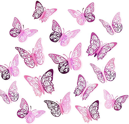 72 Pcs Butterfly Decorations, 3 Sizes 3 Styles Wall Decor, Party and Birthday Decorations, Pinkish Purple