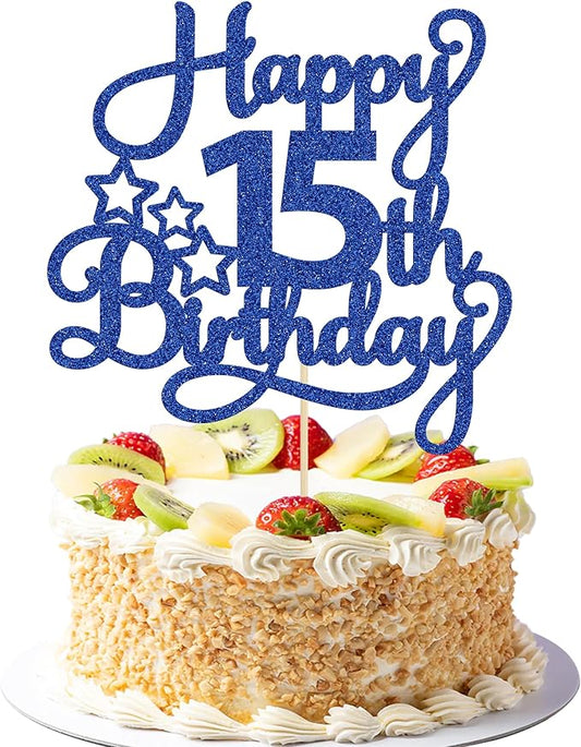 1 Pack Happy 15th Birthday Cake Topper Blue Glitter Mis Quince 15 Cheers to 15 Years Old Birthday Cake Pick for Celebrating 15th Birthday Anniversary Party Cake Decorations Supplies