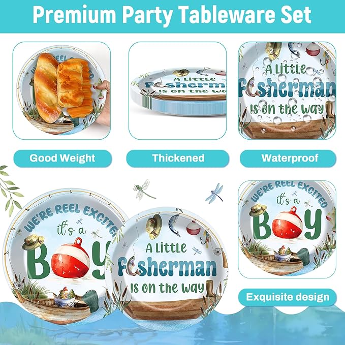 96Pcs A Little Fisherman Is On The Way Plates and Napkins Baby Shower Party Decorations Gone Fishing Dessert Disposable Plates It's A Boy Tableware Set for 24 Guests Baby Boy Birthday Party Supplies