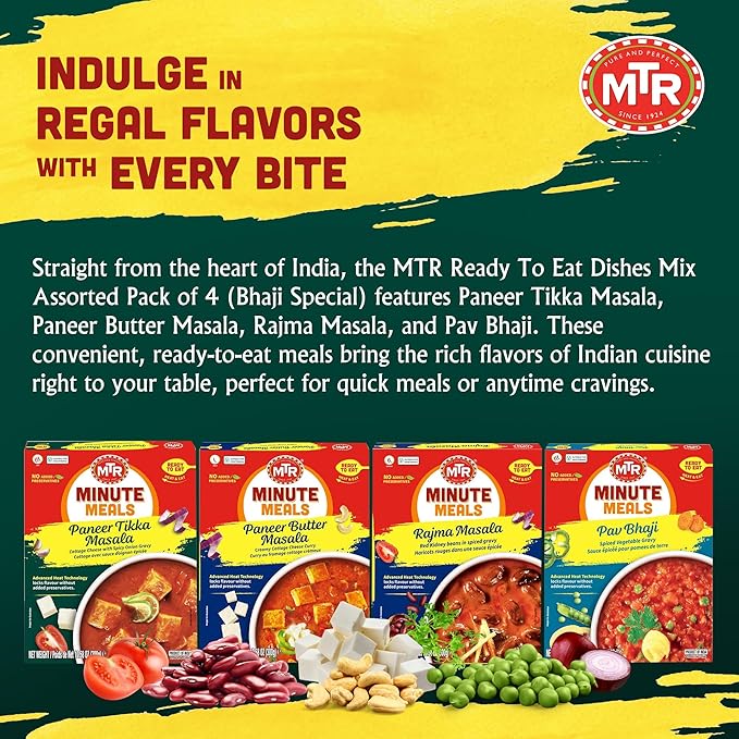 MTR Ready-To-Eat: Desi Special - Assorted Pack of 4 (Paneer Tikka Masala, Paneer Butter Masala, Rajma Masala, Pav Bhaji) - Authentic Indian Food with No Added Preservatives - Suitable for Vegetarians