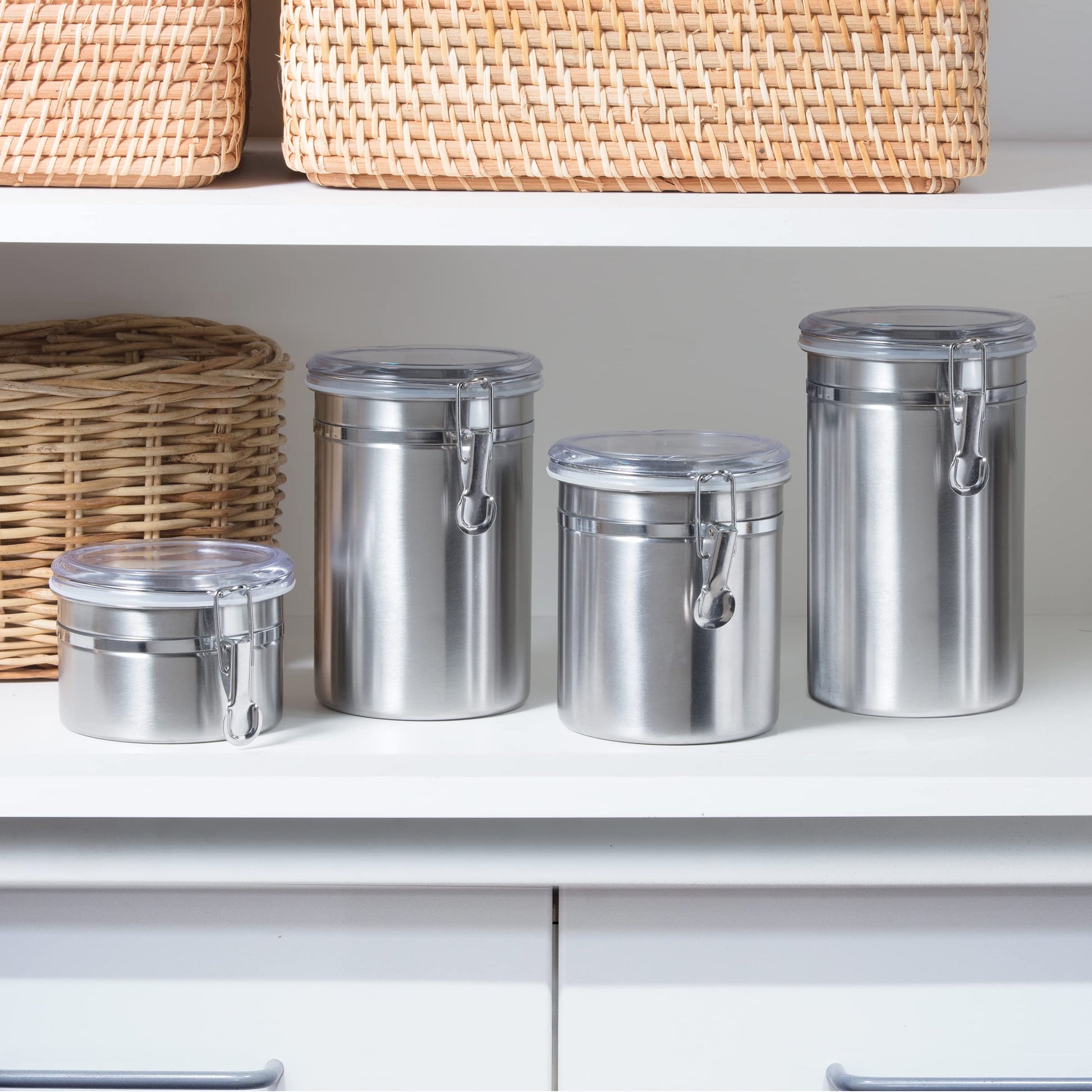Oggi Set of 4 Stainless Steel Kitchen Canisters - Airtight Clamp Lid, Clear See-Thru Top - Ideal