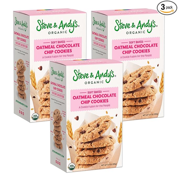 Steve & Andy???Soft Bake Oatmeal Chocolate Chip Cookies -Organic, Gluten Free, Non-Gmo, Vegan, Dairy Free, Plant-Base, Nut Free, Egg Free, Wheat Free, Soy Free ??16.5 Oz, 3 Boxes (30 Cookies)