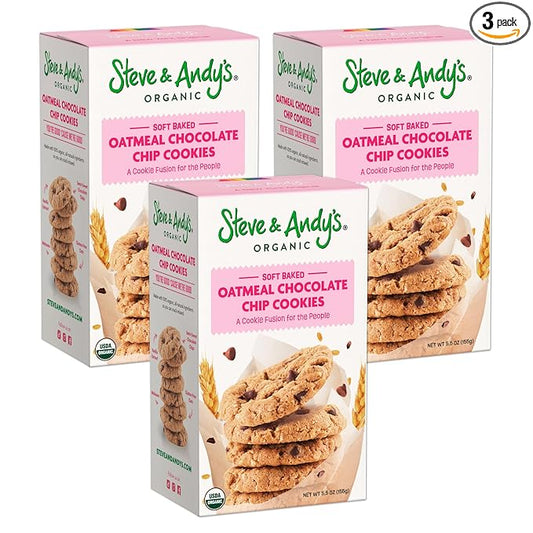 Steve & Andy???Soft Bake Oatmeal Chocolate Chip Cookies -Organic, Gluten Free, Non-Gmo, Vegan, Dairy Free, Plant-Base, Nut Free, Egg Free, Wheat Free, Soy Free ??16.5 Oz, 3 Boxes (30 Cookies)