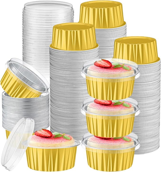 Gejoy 400 Pcs Aluminum Foil Baking Cups with Lids 5 oz Disposable Ramekins Mini Cake Pans Creme Brulee Cupcake Liners Muffin Tins Flan Mold Dessert Container for Wedding(Gold Color,Elegant)