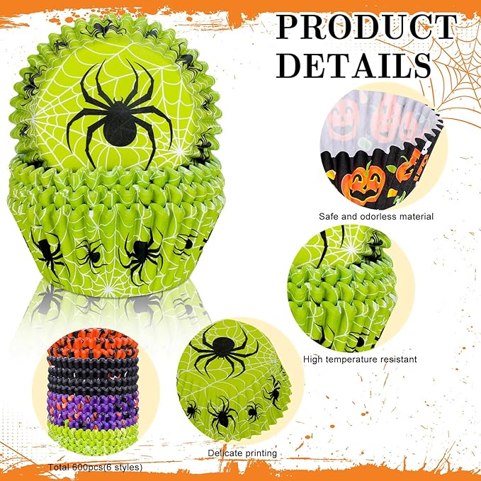 Whaline 600Pcs Halloween Cupcake Liners Pumpkin Witch Legs Bats Ghosts Spider Skulls Cupcake Wrappers Baking Cups Holders Muffin Baking Liners for Halloween Party Supply