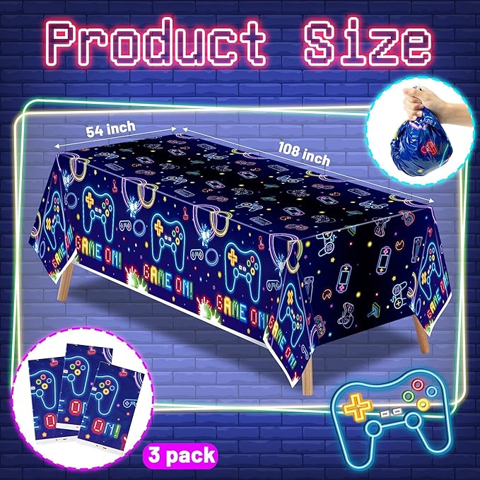 Video Game Party Tablecloths - 3Pcs Neon Video Game Birthday Party Table Covers Decorations, Game on Themed Rectangular Plastic Disposable Table Cloth Decor for Kids Birthday Gaming Events Supplies