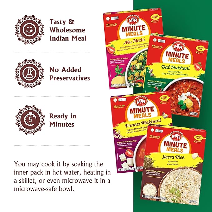 MTR Ready-To-Eat: Dhaba Mix - Assorted Pack of 4 (Alu Methi, Dal Makhani, Paneer Makhani, Jeera Rice) - Authentic Indian Food with No Added Preservatives - Suitable for Vegetarians
