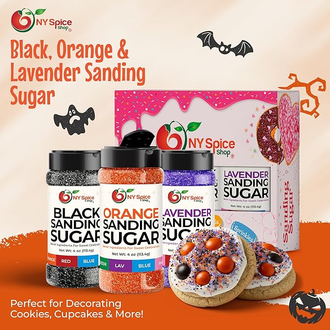 NY Spice Shop Orange-Black-Lavender Sanding Sugar - Sweet Colorful Edible Sprinkles for Candy Dishes, Cake Decorating, and Dessert Displays - 4 Ounce (Pack of 3)