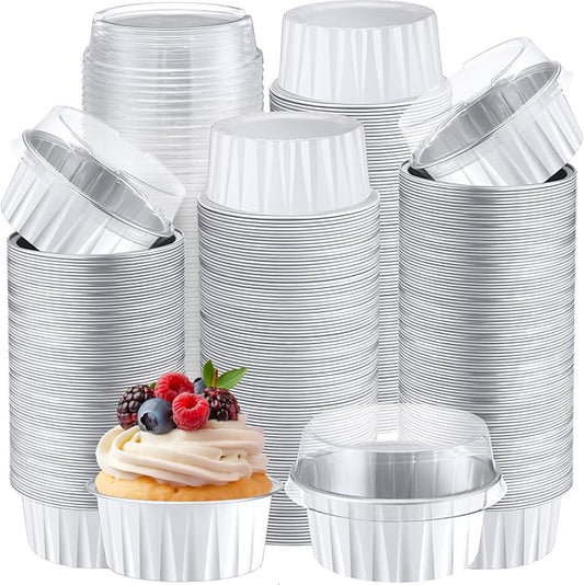 Gejoy 400 Pcs Aluminum Foil Baking Cups with Lids 5 oz Disposable Ramekins Mini Cake Pans Creme Brulee Cupcake Liners Muffin Tins Flan Mold Dessert Container for Wedding(White,Classic)