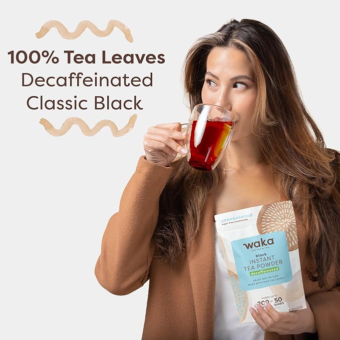 Waka Instant Black Tea Mix Pouch, Decaffeinated - 100% Tea Leaves, No Additives, Unsweetened Tea Powder for 50 Quarts or 200 Cups ??Easy Quick Hot and Iced Teas (4.5oz)