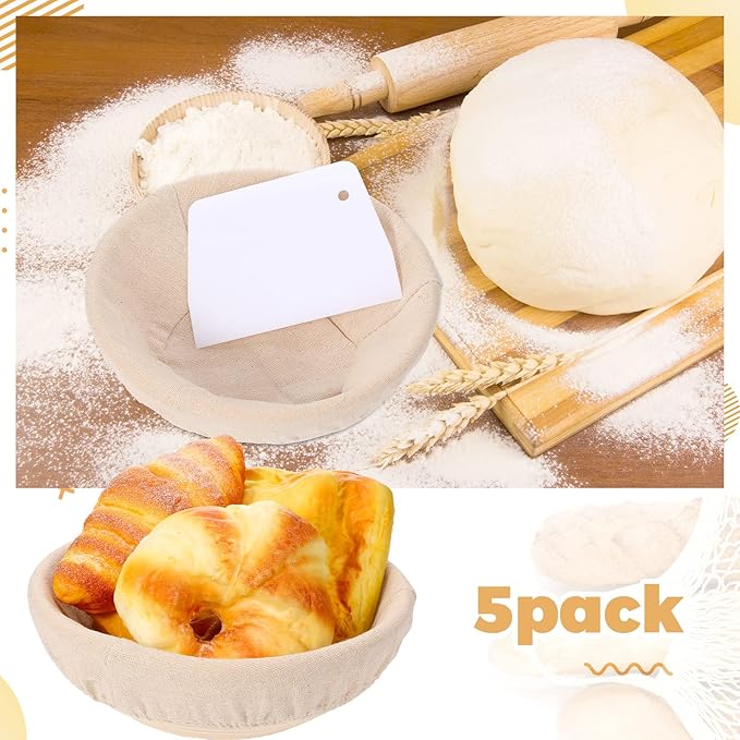 Nuogo Set of 5 Banneton Bread Proofing Basket 8.5 inch Round Sourdough Proofing Basket Bowl with Liners and Scatters for Home Making Bread Bakers Baking