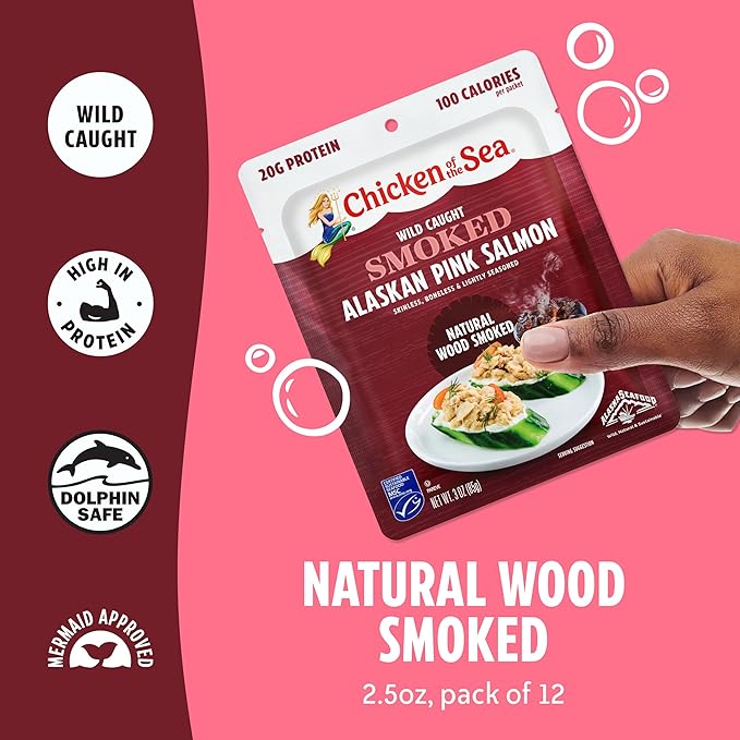 Chicken of the Sea Smoked Alaskan Pink Salmon, 3 Ounce Packets (Pack of 12), Wild Caught Salmon, Natural Wood Smoke