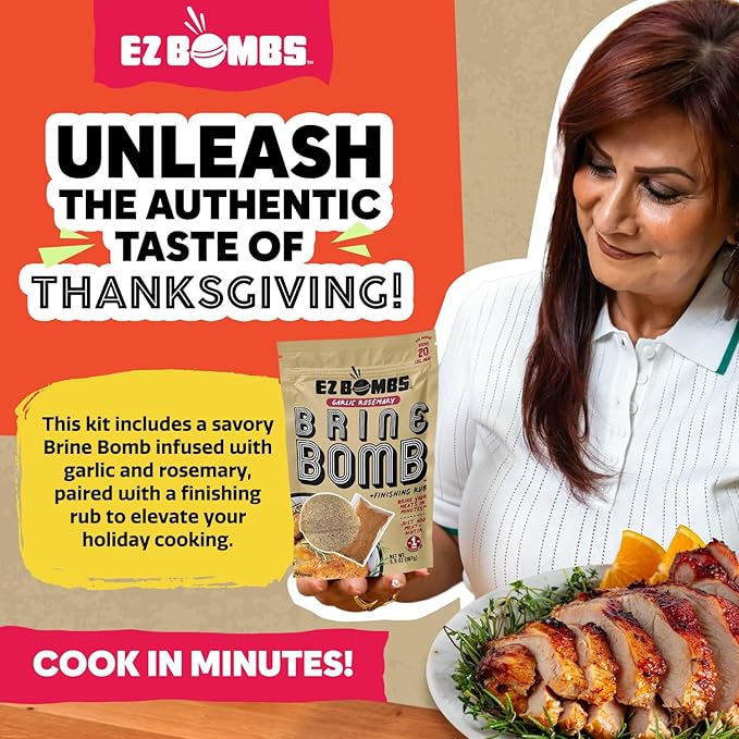 EZ Bombs Garlic Rosemary Brine Bomb Seasoning with Finishing Rub, Pack of 1 – All-in-One Turkey Brine Kit for Juicy, Flavorful Meat – Perfect for Turkey, Chicken, Pork, and Beef – Brines Up to 20 lbs