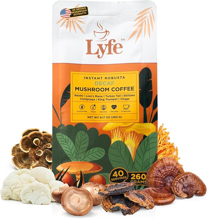 LYFE Organic Instant Decaf Mushroom Coffee ??Lion?™s Mane, Chaga, Cordyceps, Turkey Tail | USA Grown Adaptogenic Mushrooms for Better Energy, Focus, Gut Health, Immunity ??40 Servings