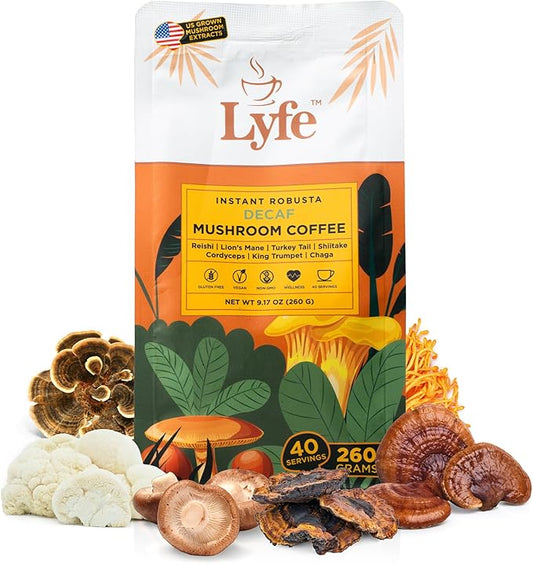 LYFE Organic Instant Decaf Mushroom Coffee ??Lion?™s Mane, Chaga, Cordyceps, Turkey Tail | USA Grown Adaptogenic Mushrooms for Better Energy, Focus, Gut Health, Immunity ??40 Servings