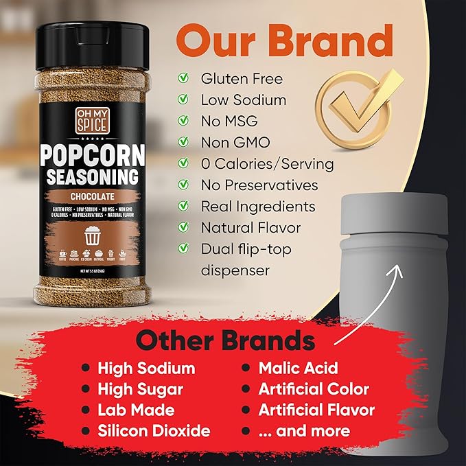 Popcorn Seasoning Chocolate Powder Mix - Gluten Free & Low Sodium Cocoa Powder Blend Popcorn Flavoring Seasoning. Healthy Movie Night Theater Pop Corn Toppings. Sweet Pop Corn Salt Seasonings. 5.5oz