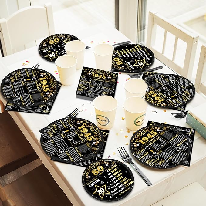 96Pcs 80th Birthday Plates and Napkins Back in 1945 Party Decorations Black Gold 80 Year Old Cake Dessert Plates 1945 Tableware for 24 Guests 80th Theme Men Woman Birthday Party Supplies
