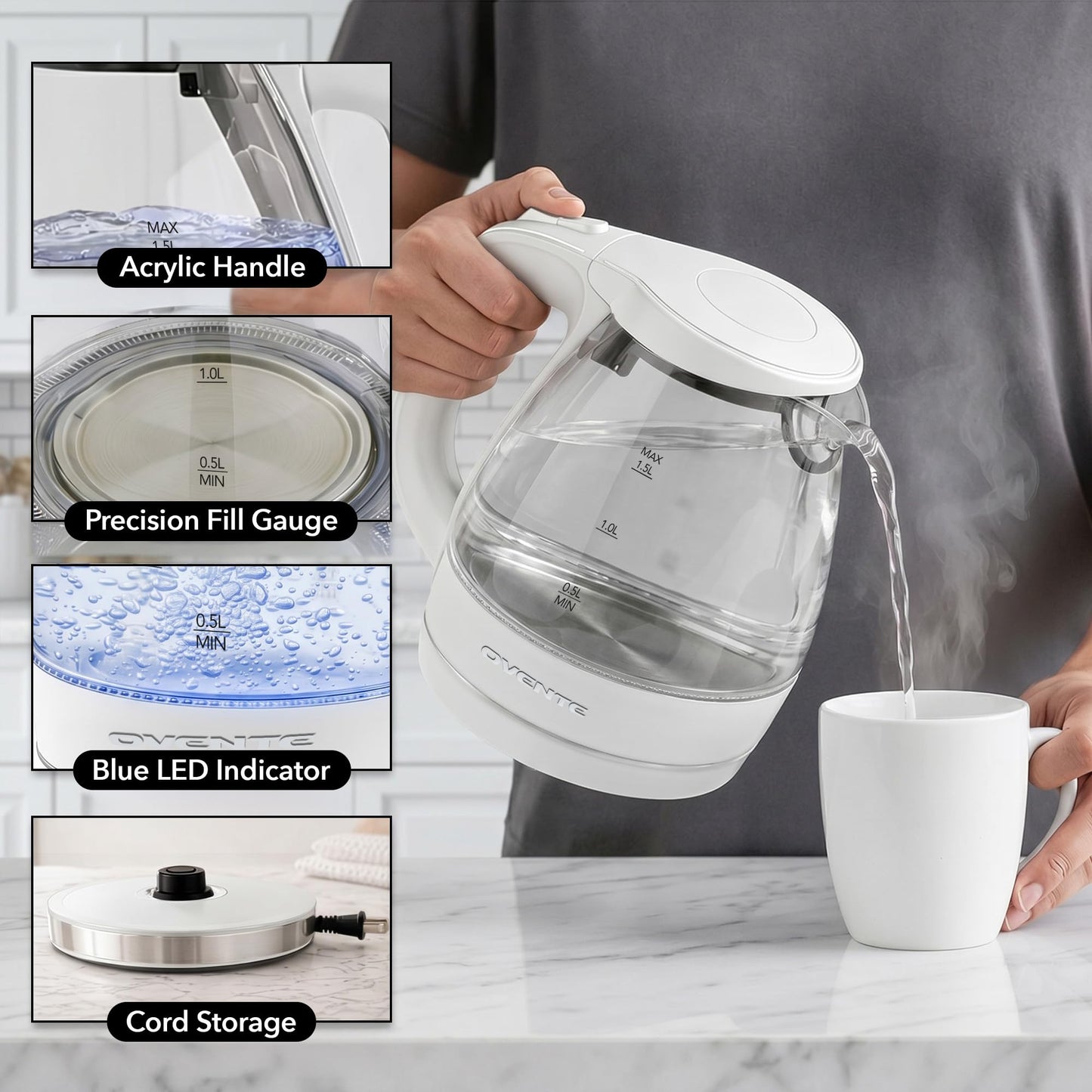 OVENTE 1.5L Glass Electric Kettle Water Boiler, White KG83W
