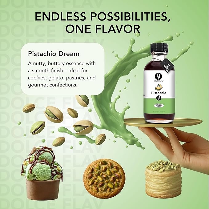 Dolce Flav Pistachio Extract ??2 Ounce Water-Soluble Kosher, Sugar-Free, Concentrated Nutty Pistachio Flavor for Baking, Ice Cream & Pastries, Includes Measured Dropper
