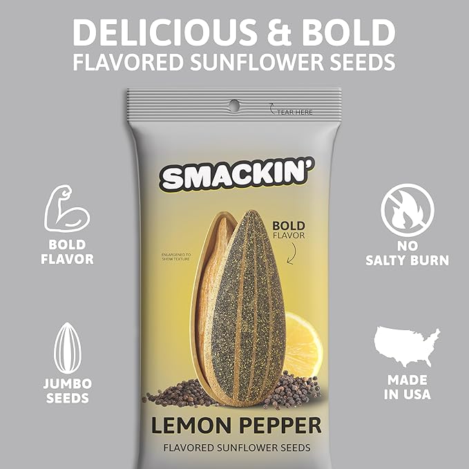 SMACKIN' Sunflower Seeds, Roasted Jumbo Small-Batch, American Made - Lemon Pepper. 1.5oz bags (36 Pack)