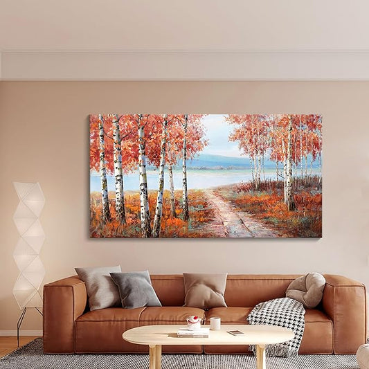 YDYSUNE Birch Tree Wall Art - Orange Large Canvas Wall Decor Forest Landscape Picture for Living Room Red Home Bedroom Decoration Tree Framed Painting Artwork Size 24X48Inch