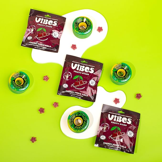 VIBES Cherry Force Field Fruity Stars - Delicious Low Calorie Gluten-Free Bulk Fruit Snacks - High Fiber Healthy Fruit Snacks for Kids, Teens, & Adults -2g Sugar - 6 Packs of 18 Fruit Gummies