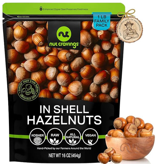 NUT CRAVINGS, Raw Hazelnuts Filberts In Shell, Whole, (16oz - 1 LB) Bulk Nuts Packed Fresh in Resealable Bag, Healthy Protein Food Snack, Food Assortments Ideal for Trail Mixed Nuts