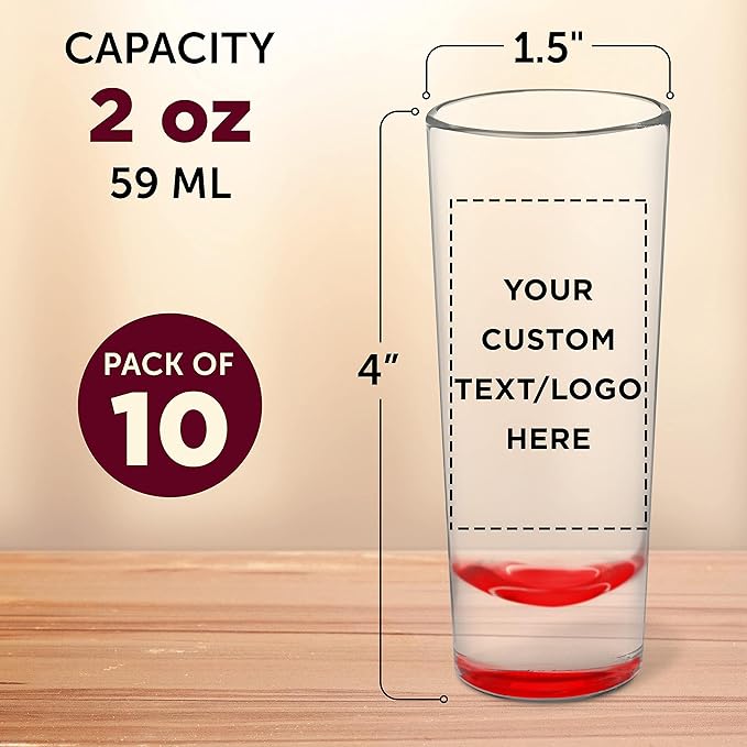 Custom Cordial Shooter Shot Glasses 2 oz. Set of 10, Personalized Bulk Pack - Great for Birthdays, Parties, Indoor & Outdoor Events - Red